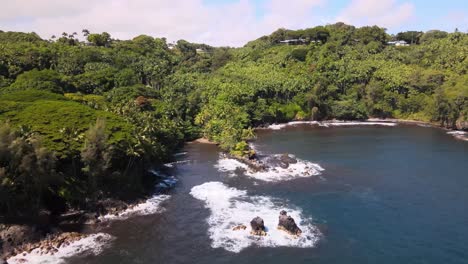 engaging drone shot gently advancing towards a secluded small beach embraced by the lush, thick tropical rainforest, offering a glimpse of this tranquil natural oasis