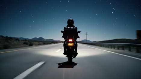 a motorcycle enthusiast rides down a desolate highway at night, illuminated by the moonlight. stars twinkle above, creating a serene atmosphere on the open road.