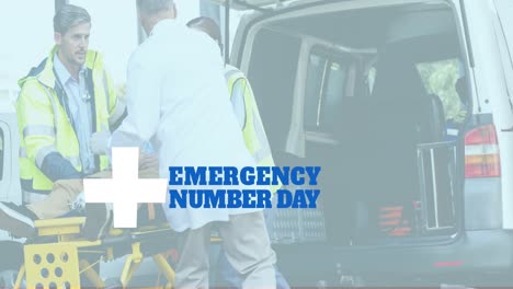 animation of emergency number day over diverse paramedics with patient and ambulance