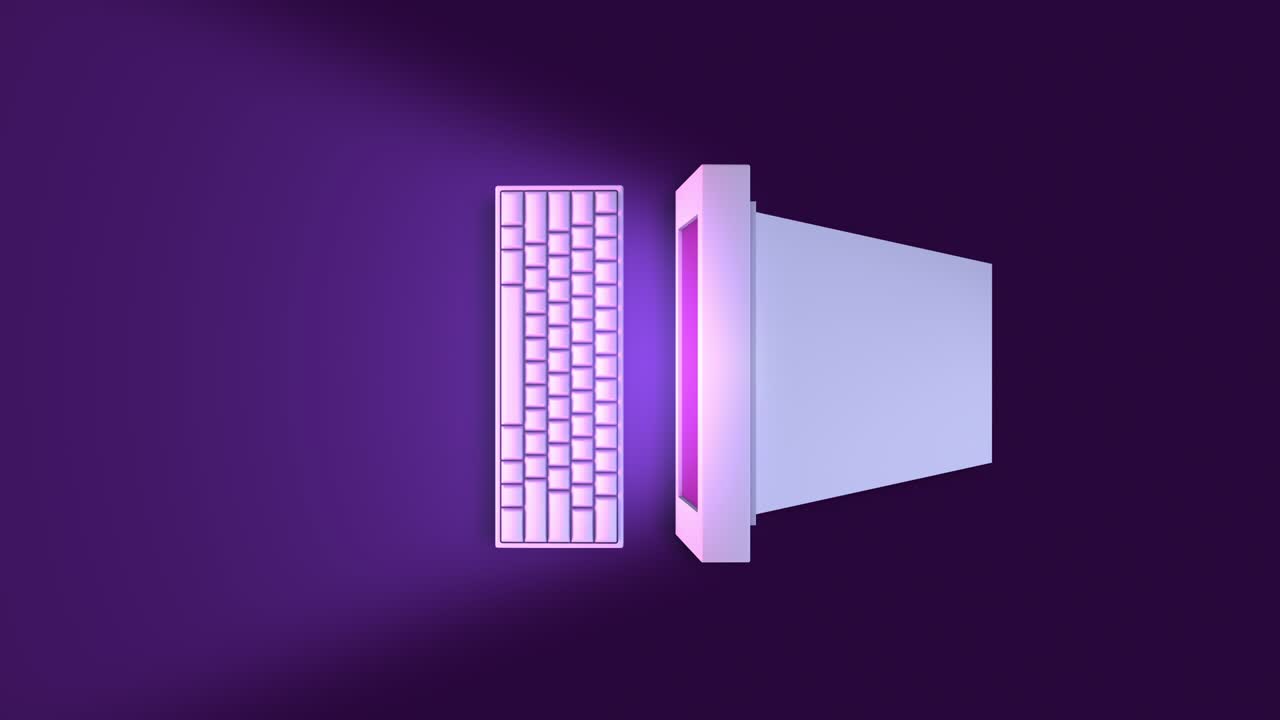 vista superior del escritorio de la computadora vintage en 3d con la luz parpadeando en la animación de la pantalla del monitor