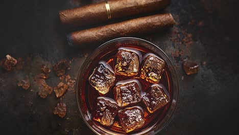 glass of whiskey with ice cubes and cigars on dark background