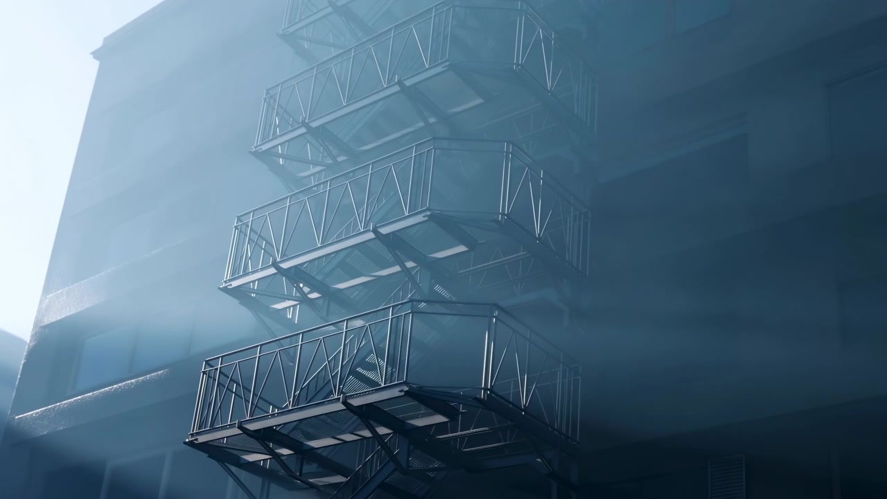 Stacked metal fire escape attached to multi-story urban building, seen from low-angle upward viewpoint, with haze, cool light, repeating steel lines, and gritty exterior detail, with fire, escape
