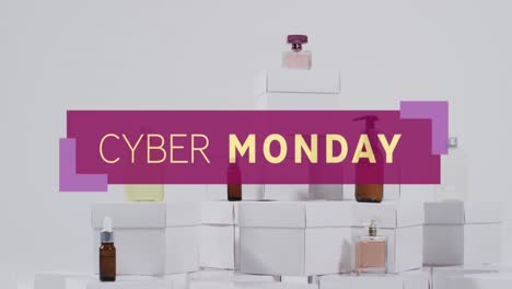 Animation-of-cyber-monday-text-over-gift-boxes-and-beauty-products