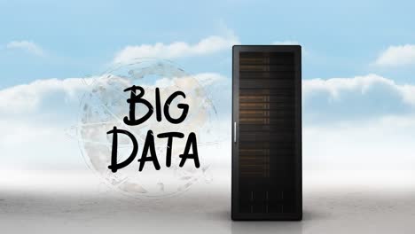 Animation-of-big-data-text,-globe,-cloud-and-computer-server-over-clouds