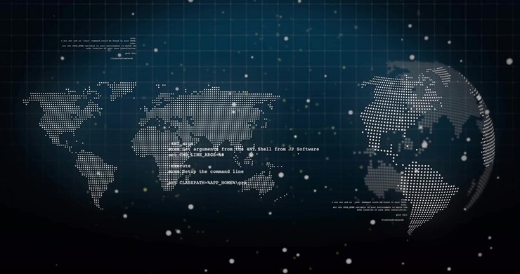 On start dotted globe rotating and flat map showing code while particles drifting for data display