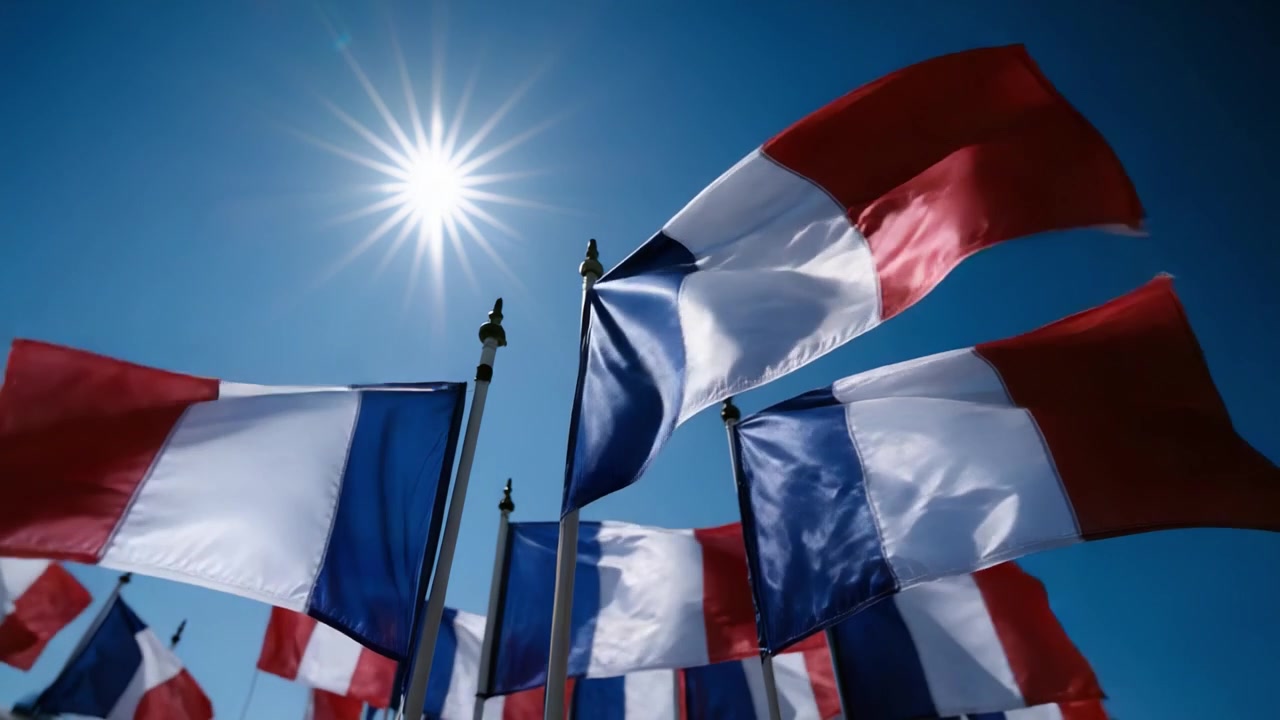 A Vibrant Display of Flags Under the Bright Sun: Celebrating National Pride with French Flags Waving in the Breeze Against a Clear Blue Sky