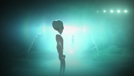 3d cgi vfx animation of a classic roswell grey alien turning to look back, in front of the glowing lights of a ufo fyling saucer, with teal blue color tint