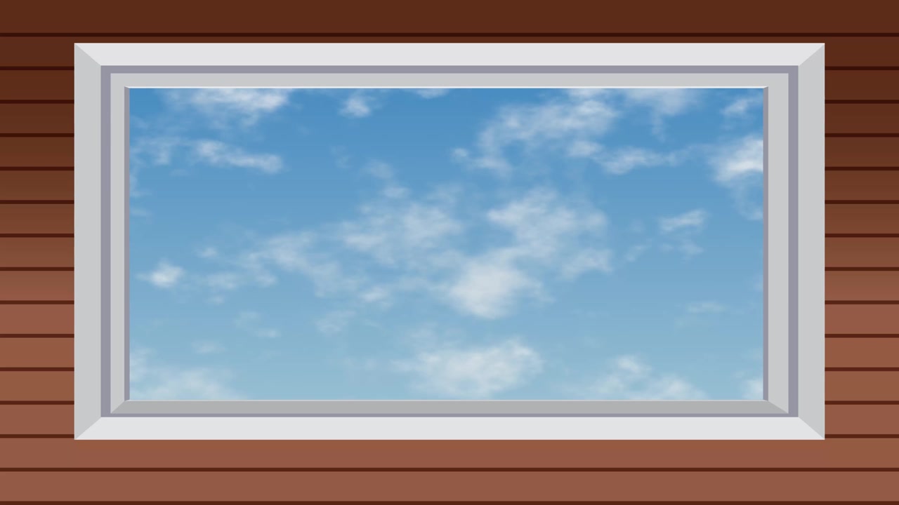 Looping animation of wispy white clouds drifting across a blue sky through a window frame.