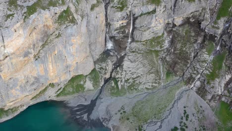 Stunning-aerial-mountains-Landscape-view-of-the-Blümisalp-Mountain-and-the-Oeschinen-lake,-shot-near-Kandersteg,-Bern,-Switzerland