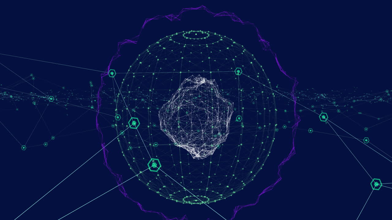 Animation of connected dots over connected dots forming globe against black background