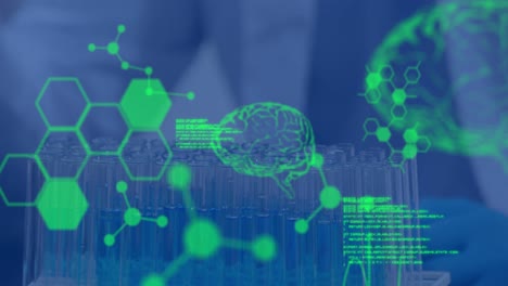 Animation-of-data-processing-over-scientist-with-test-tubes-in-lab