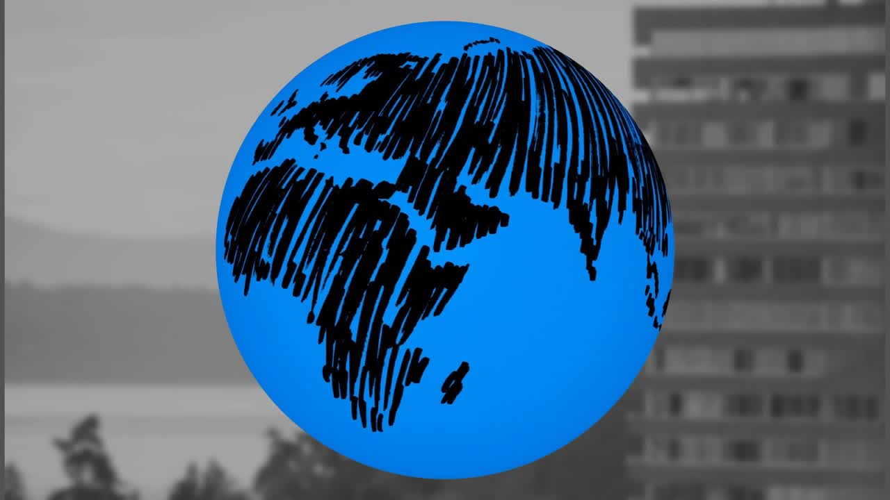 Animasjon av roterende globus over bylandskap