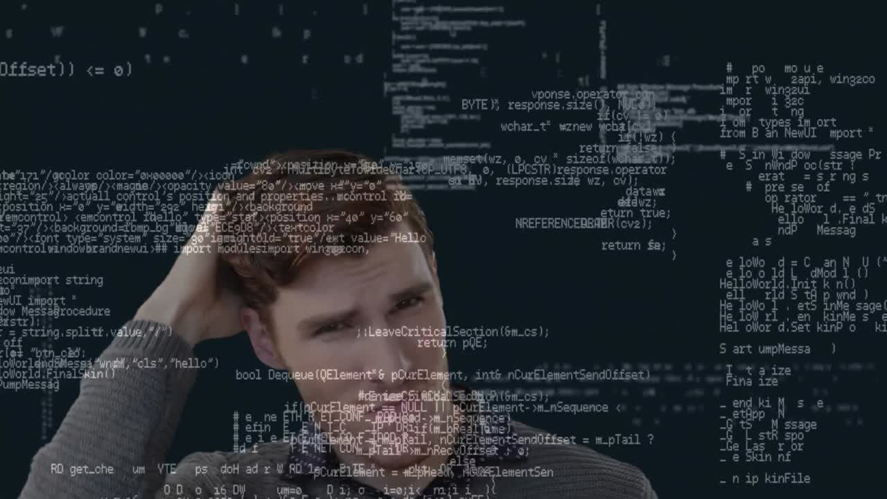 Animation of a Caucasian man rubbing his chin over data processing