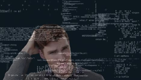 animation of a caucasian man rubbing his chin over data processing