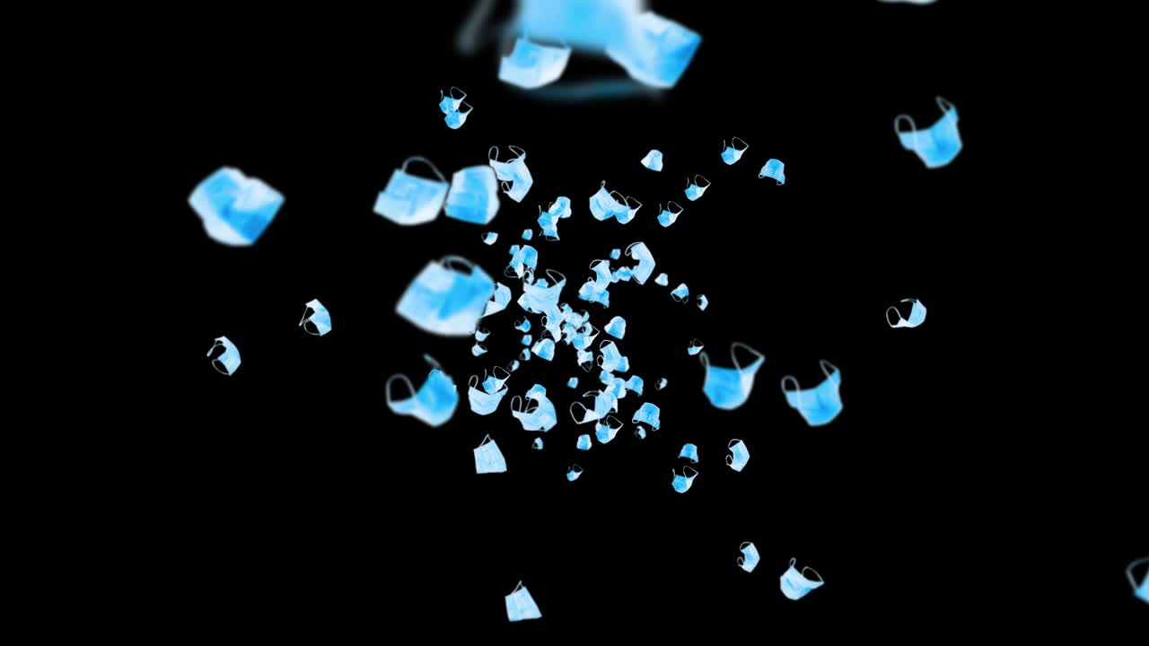 검은 바탕에 많은 파란 마스크를 날아. 의료 개념. 수술 보호 마스크. 마스크 회전의 3d 애니메이션. 루프 애니메이션.