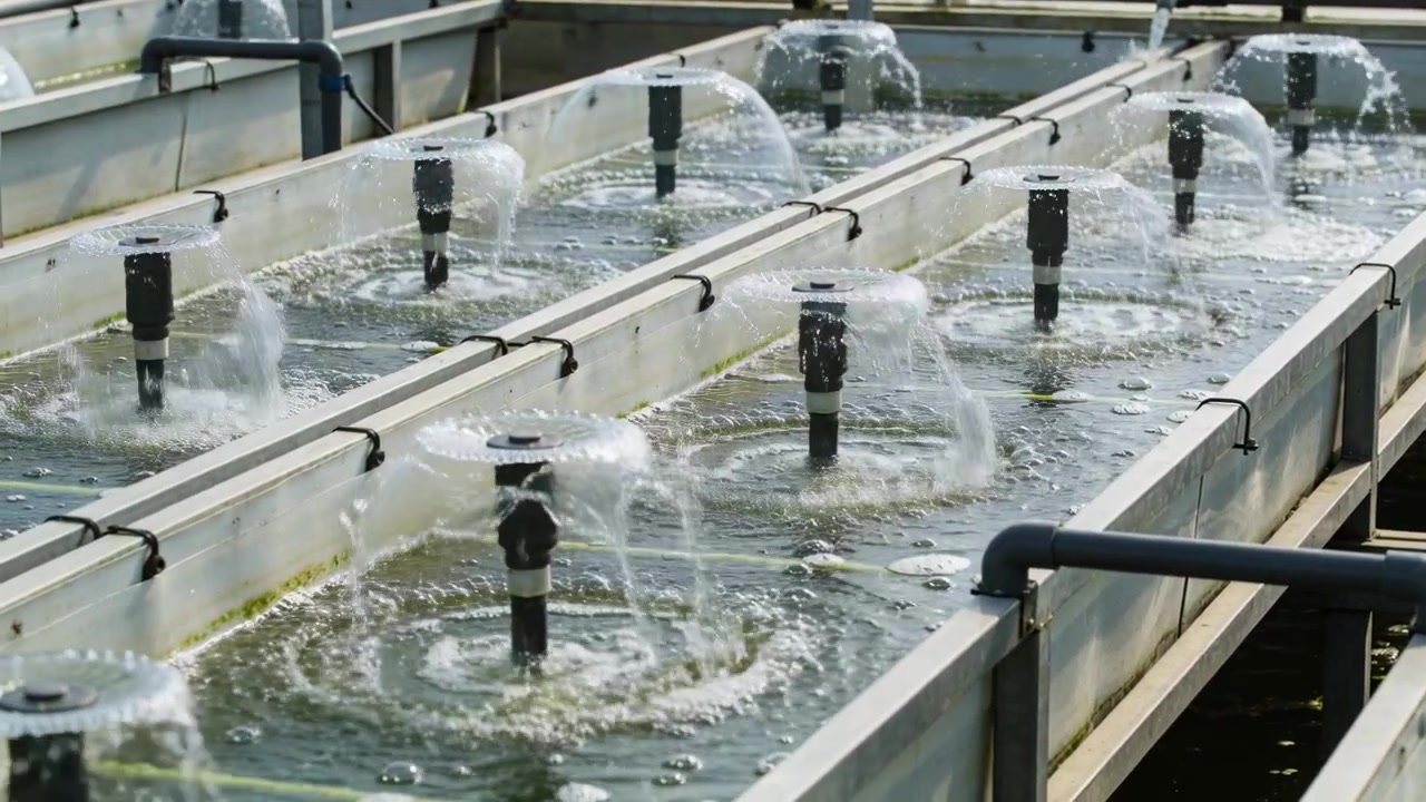 Activating vertical aeration nozzles forming clear water domes in hatchery tanks, oxygenating tanks