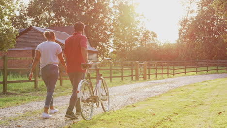 rear view of romantic couple walking and pushing bike along country lane at sunset