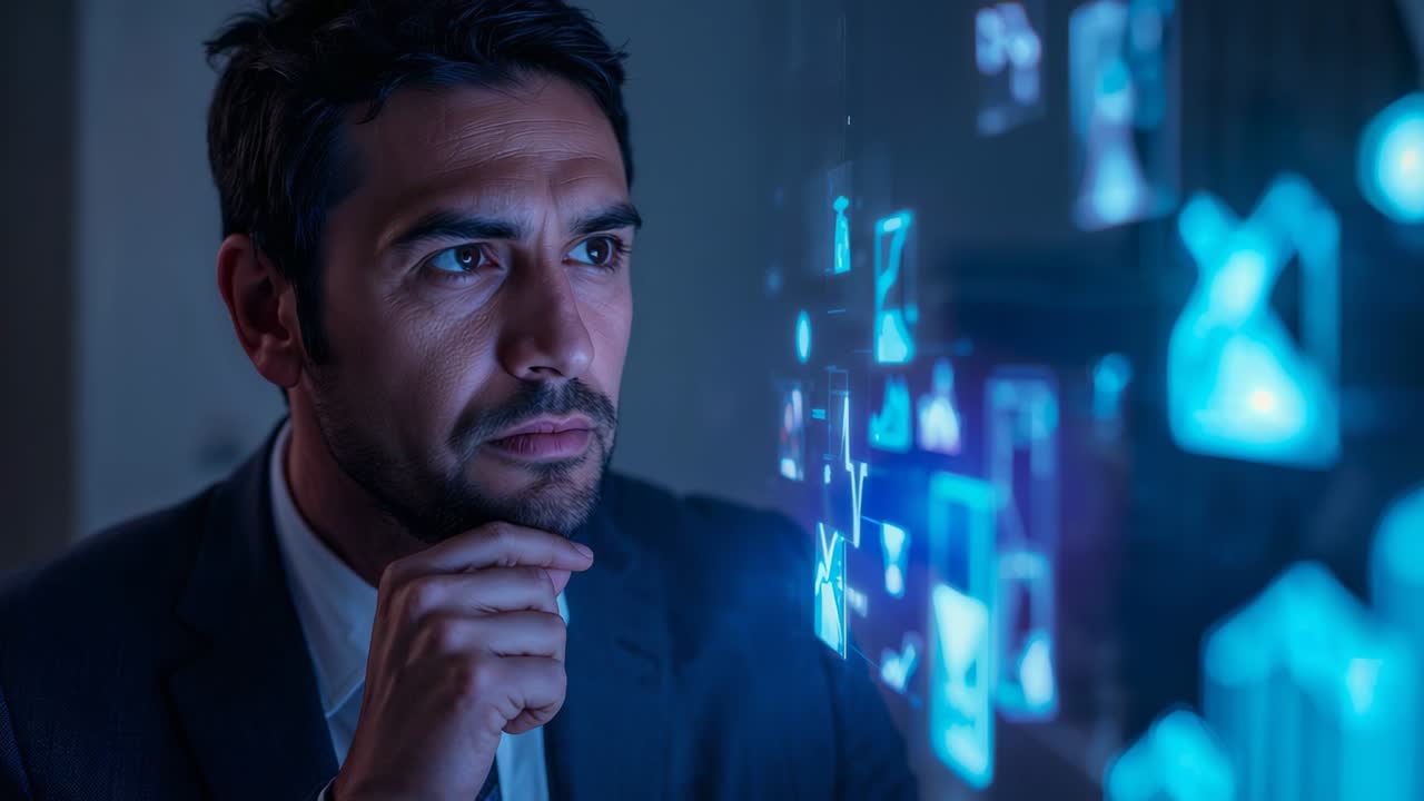Uomo in abito scuro e camicia bianca che guarda l'ologramma che si attiva in ufficio per la revisione dei dati