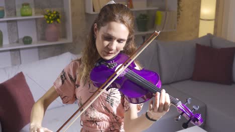 girl violinist gives violin concert at home. music concept.