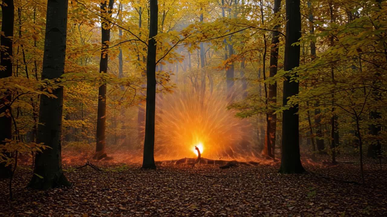 A Captivating Autumn Forest Scene with a Fire: Experience the Transformative Power of Nature as Flames Dance Amidst an Enchanted Tree-Laden Landscape