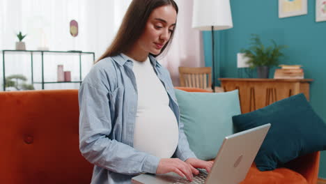 Pregnant woman using working on laptop communicating online browsing internet shopping social media