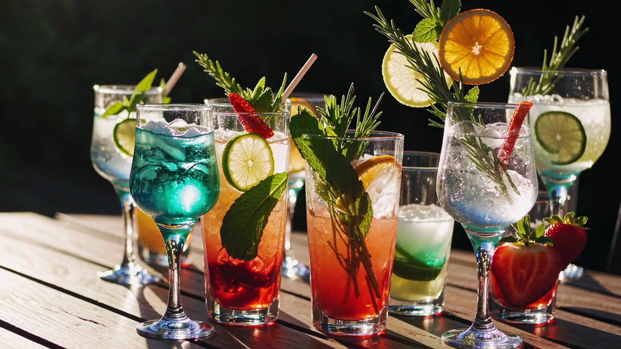 Auswahl an leuchtenden Sommercocktails und Mocktails mit frischen Früchten