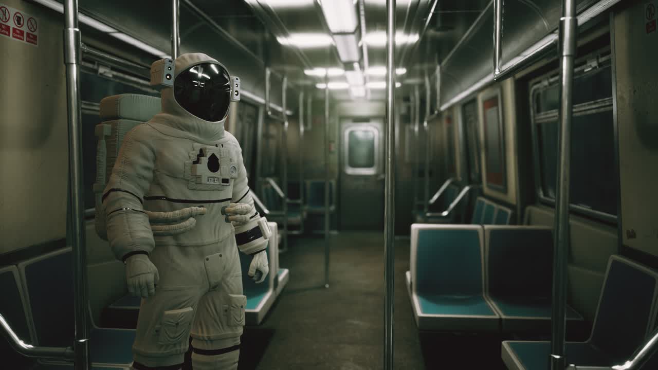 astronauta dentro del viejo vagón de metro no modernizado en ee.uu.