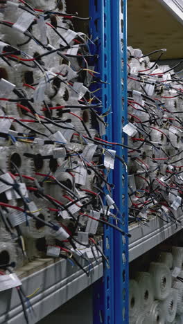 organized electrical wire rolls in a warehouse