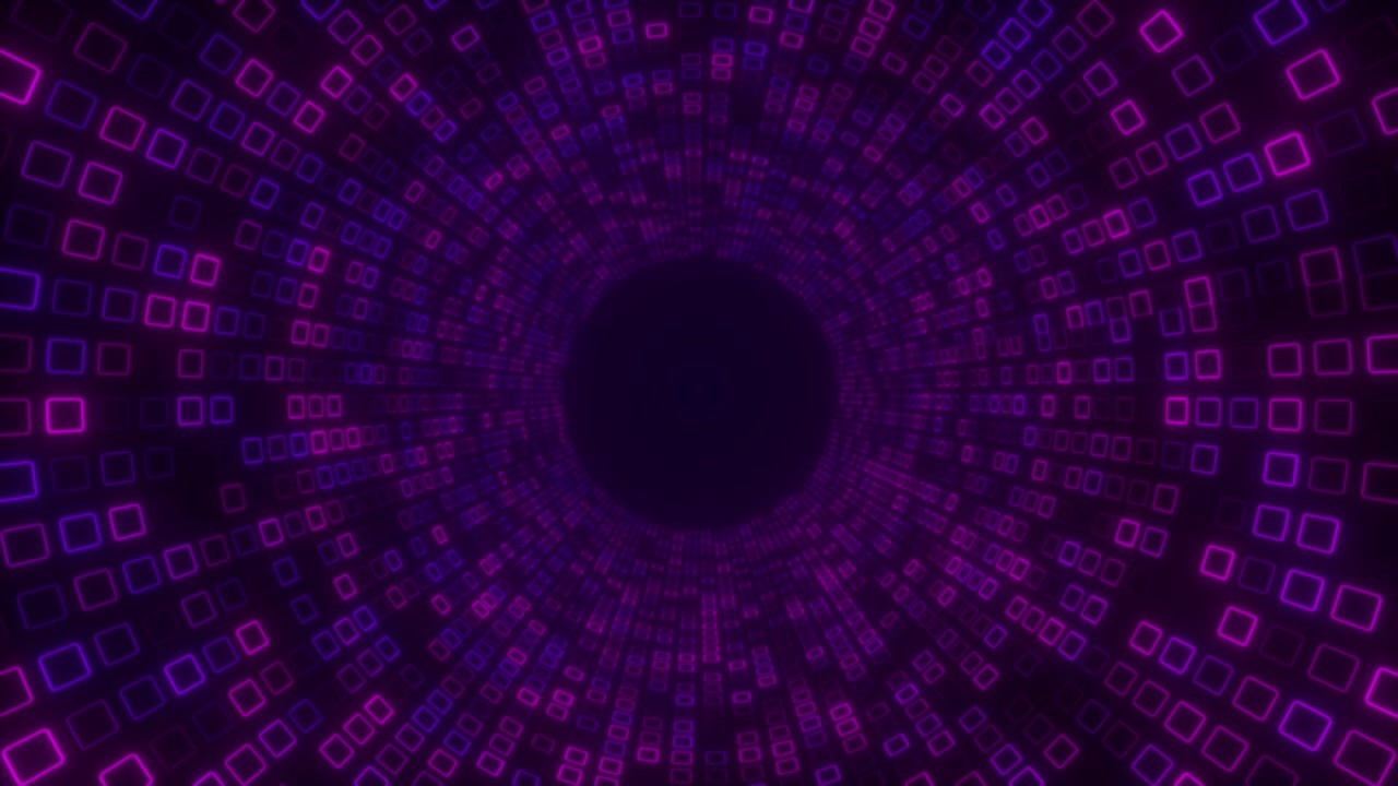 Abstract Tunnel of Glowing Purple Squares Moving Forward