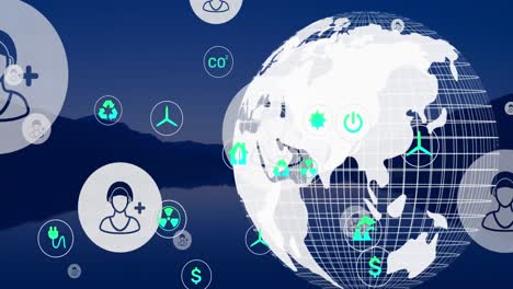 animation of network of eco and environmentally friendly icons over globe