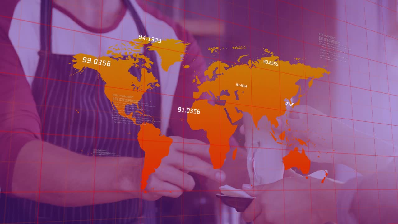 animación del mapa del mundo sobre el camarero caucásico dando café al cliente