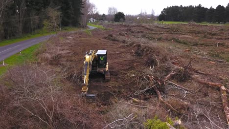 Aufräumarbeiten-Am-Straßenrand-Im-Wald:-Bagger-Räumt-Trümmer-Von-Holzeinschlagarbeiten-Weg