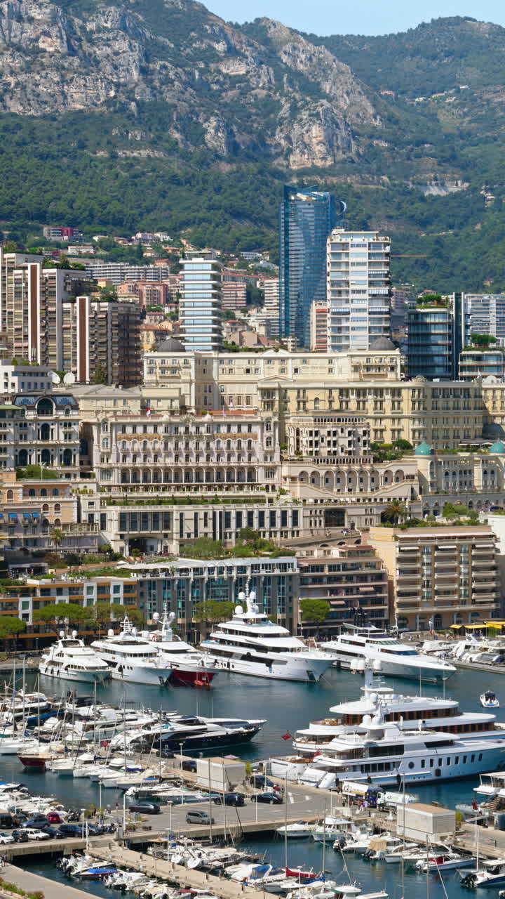 View of boats docked in the Monaco Marina with the skyline of the city on the background. Vertical