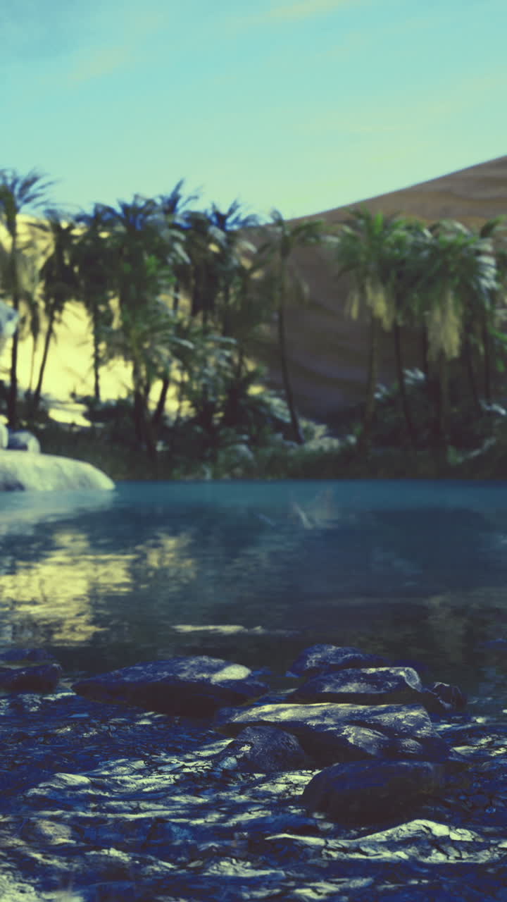 Tranquil oasis surrounded by lush palm trees in a golden desert landscape