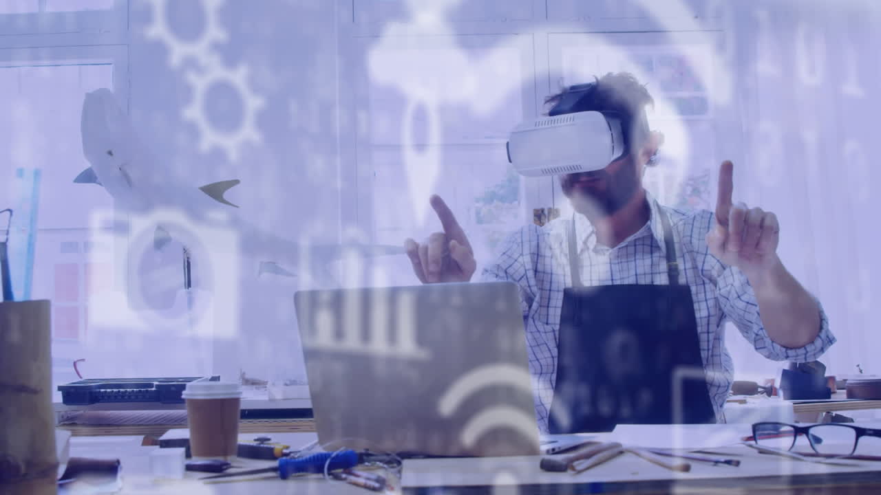 animación de hombre caucásico con googles 3d sobre procesamiento de datos y formularios