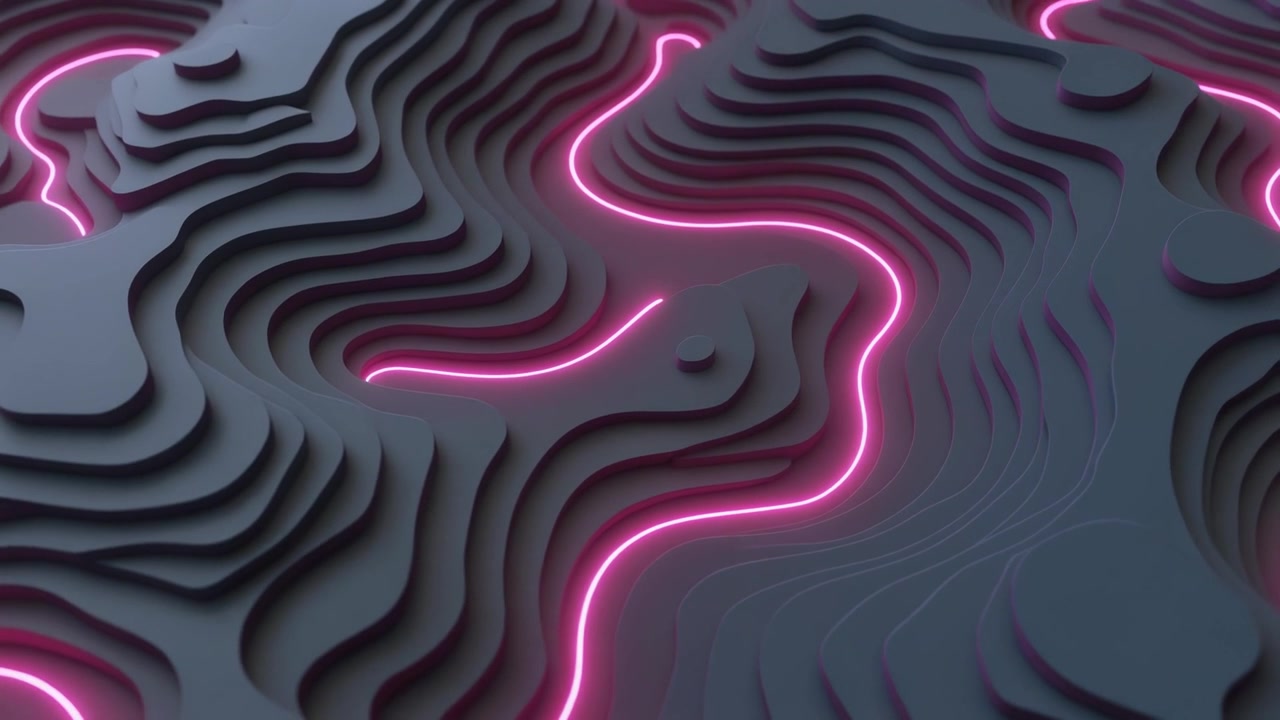 Mappa topografica 3D astratta con linee neon rosa luminose