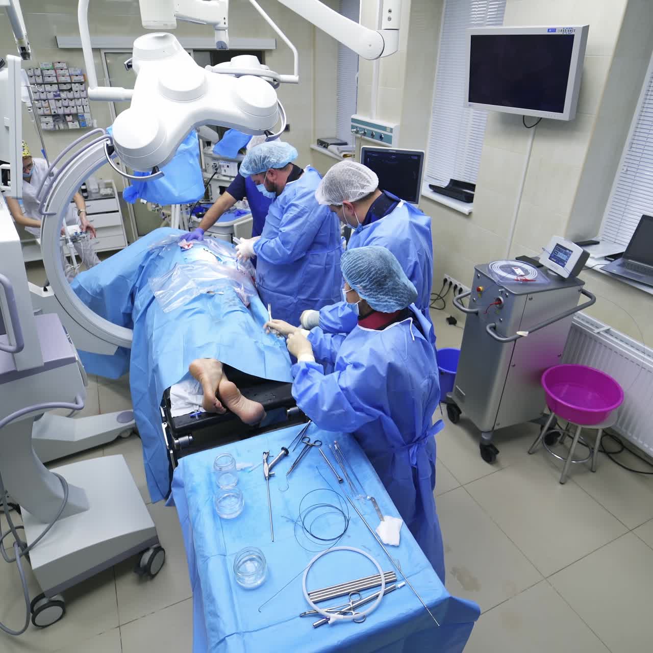 Emergency surgery operation in modern hospital. Surgical treatment technology procedure