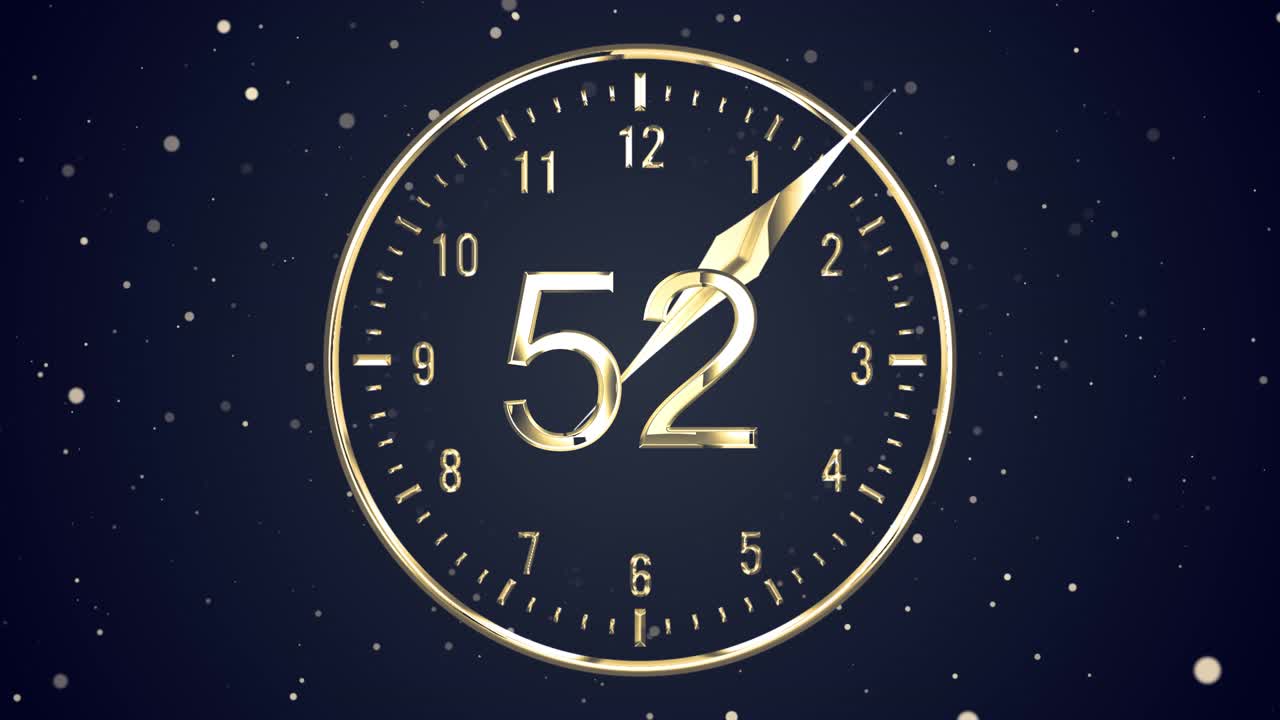 Midnight new year countdown christmas background with gold glittering bar clock and fireworks