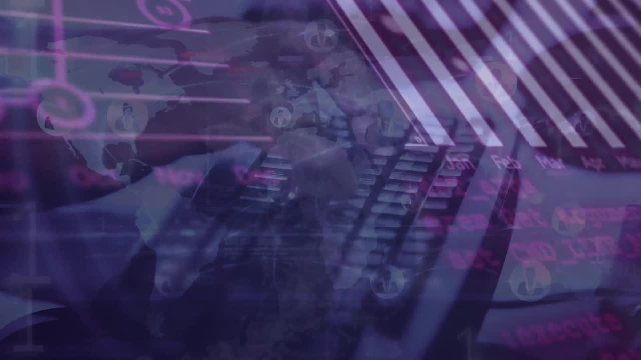 Animation of world map and data processing over hands typing on keyboard