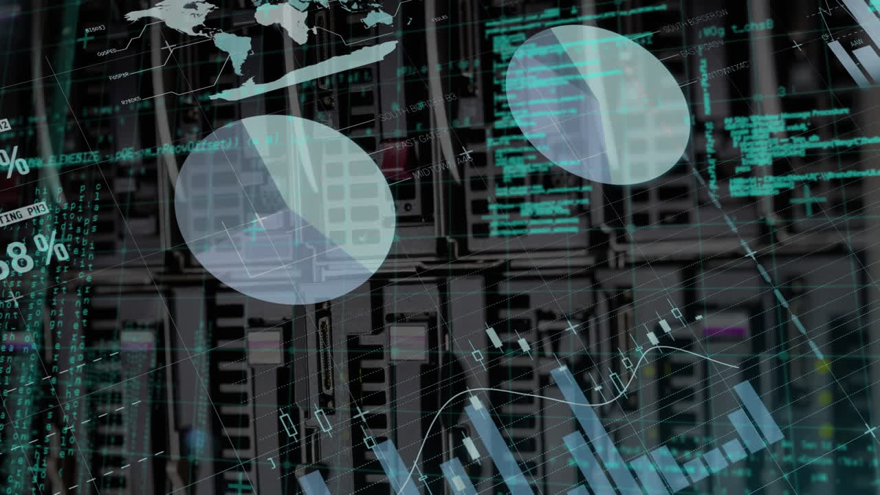 Animation of data processing and diagrams over server room