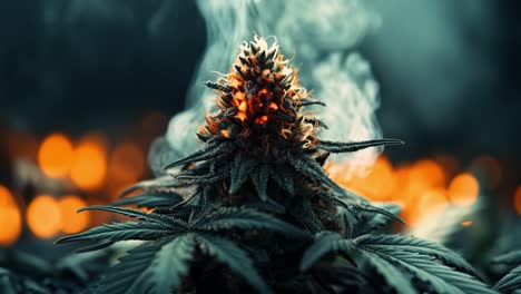stunning cannabis with smoke. a cannabis plant blooms under dim light with smoke swirling around, creating a captivating ambiance.