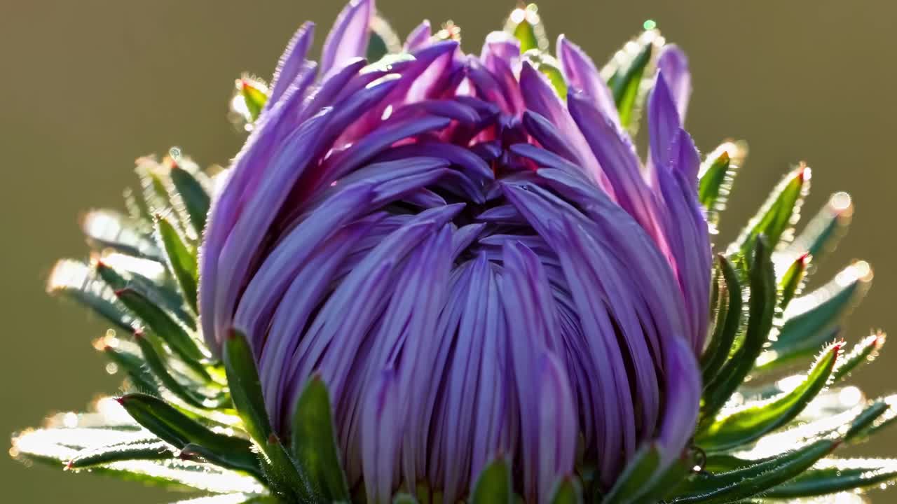 Vídeo em close-up de um botão de flor roxo, capturado de um ângulo baixo.