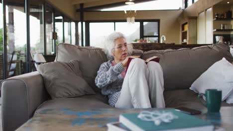 senior mixed race woman sitting on sofa reading book