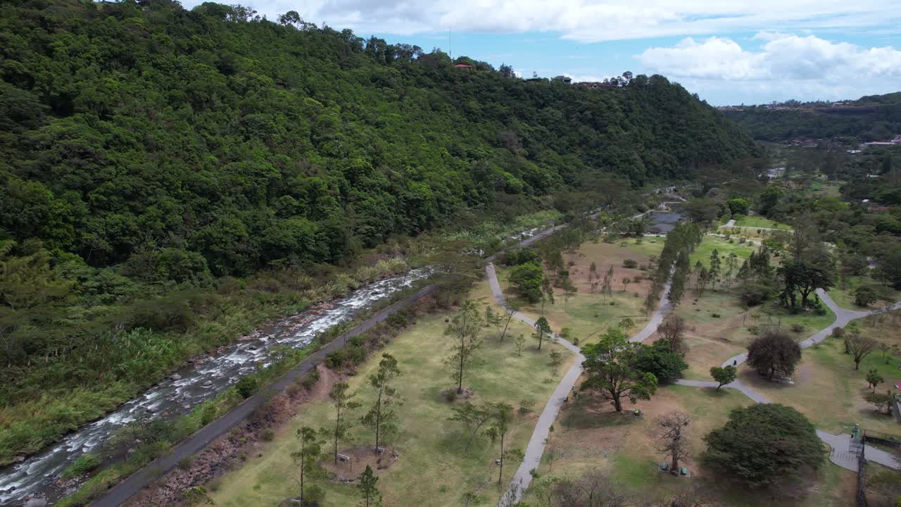 Boquete, Panama. Drone Shot of Park, Caldera River and Green Forest on Sunny Day