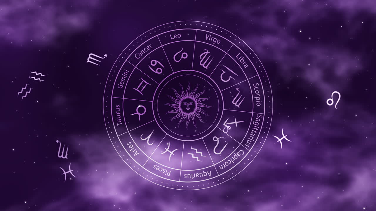 signos del zodiaco en un fondo espacial.horóscopo, signos astrológicos del sol en una rueda púrpura