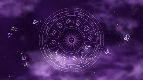 signos del zodiaco en un fondo espacial.horóscopo, signos astrológicos del sol en una rueda púrpura