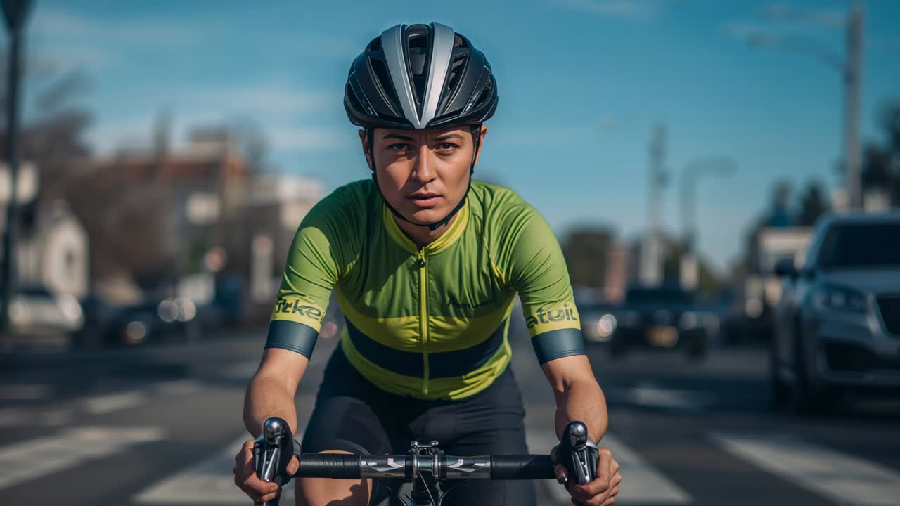 Riding cyclist in green jersey pedaling bike down city street, camera tightening, nearing crosswalk