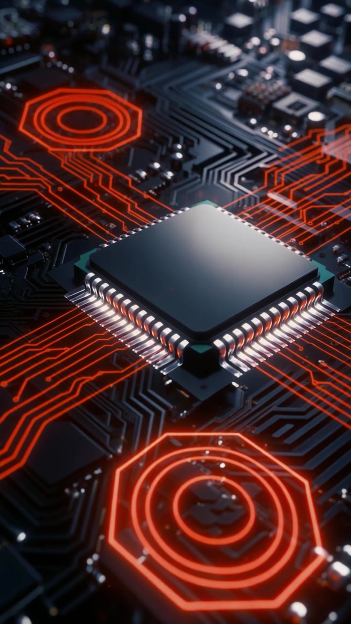 Central Processing Unit på printplade med glødende datastrøm