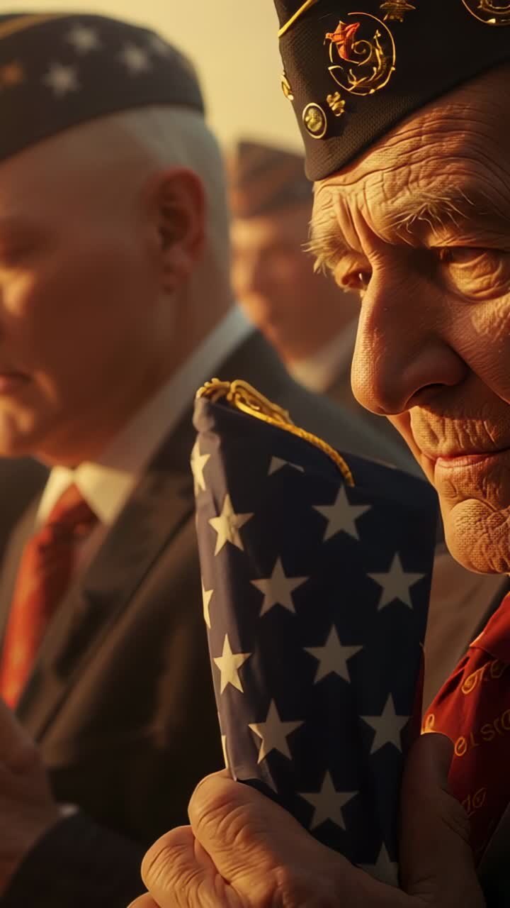 Vertical video: Camera focusing veteran in cap holding folded US flag honoring fallen, copy space