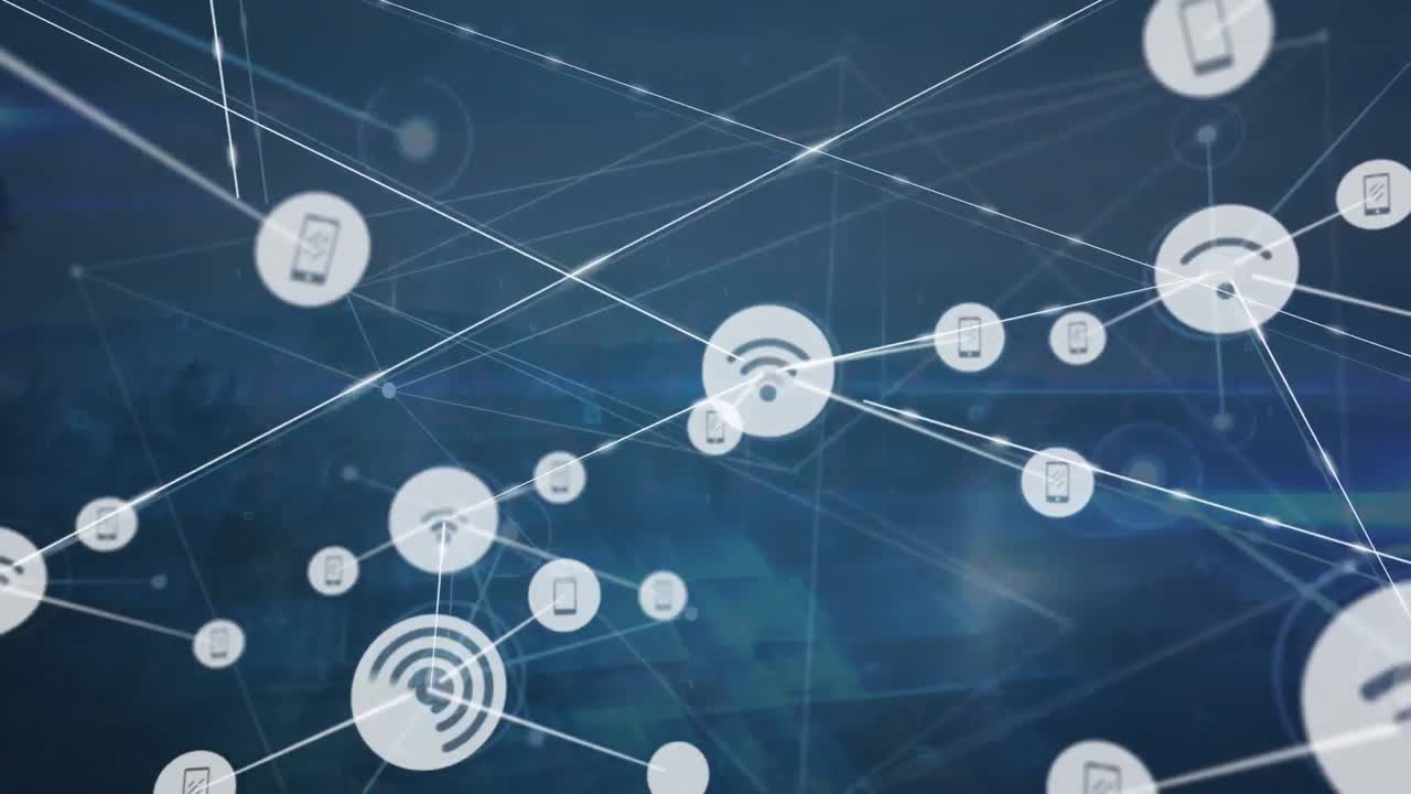 animación de una red de iconos digitales y senderos de luz contra un paisaje con montañas y árboles